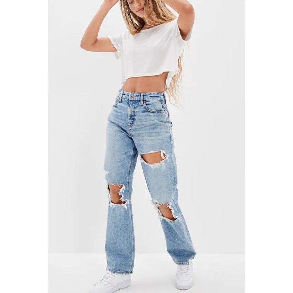 American Eagle Size 14 Short Curvy 90s Straight Jeans Distressed Ripped Grunge